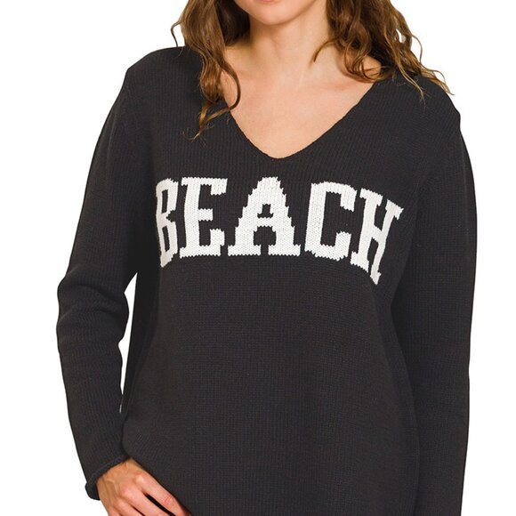 Zenana Beach V Neck Sweater - Picture 1 of 3